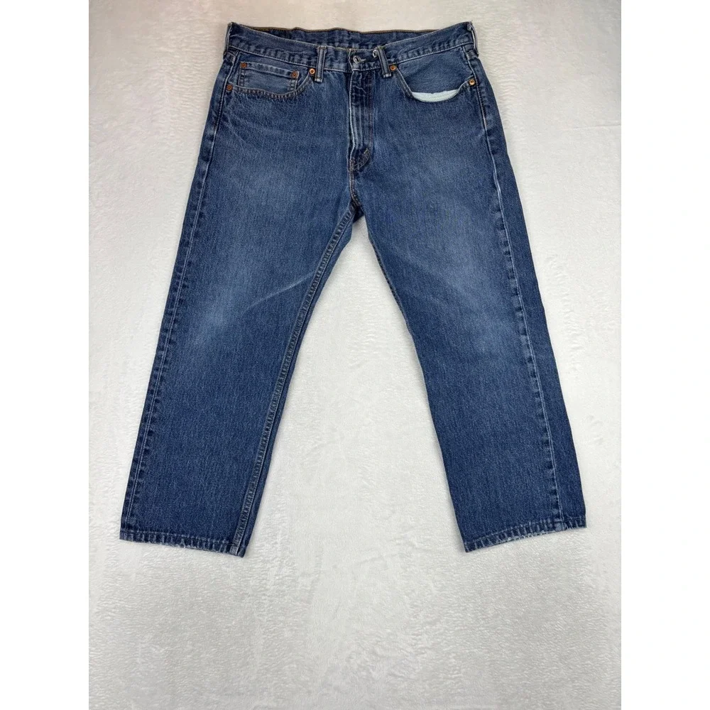 Levis 505 Mens 34x29 Jeans Medium Blue Grungy Wash Denim Nice High Low Fades